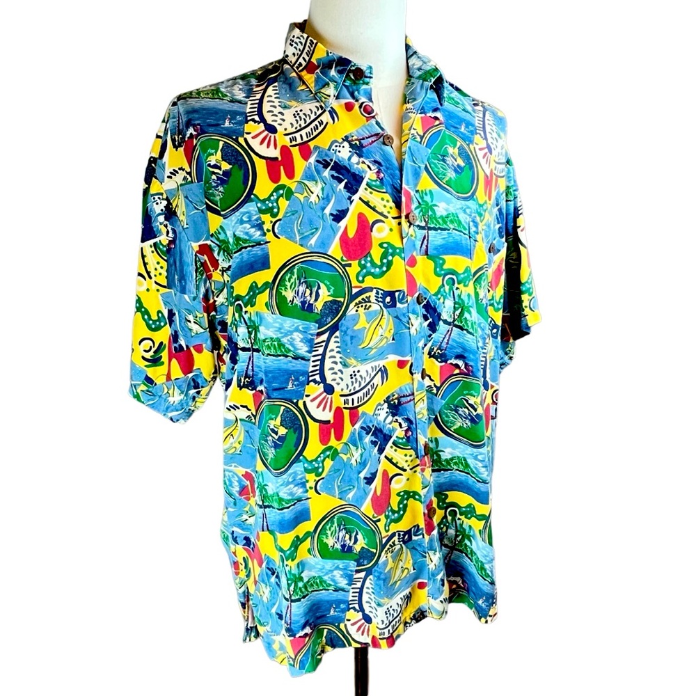 Vintage PAU HANA Hawaiian Tropical Print Short‎ Sleeve Shirt Sz Large Made USA